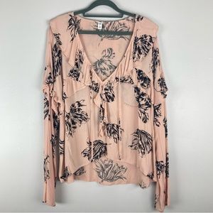 BP peach floral blouse with ruffled neckline small